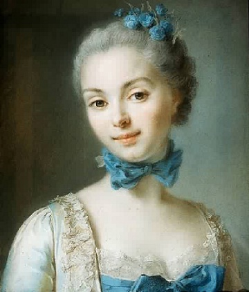 Portrait of a young woman wearing a blue ribbon at her throat